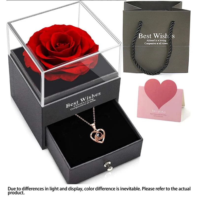 Eternal Love Hollow Zircon Necklace & Artificial Flower Set – Perfect Mother’s Day Gift in Luxury Jewelry Box