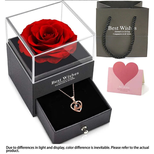 Eternal Love Hollow Zircon Necklace & Artificial Flower Set – Perfect Mother’s Day Gift in Luxury Jewelry Box