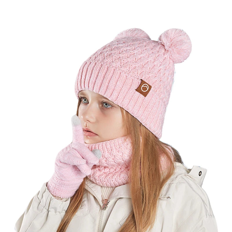 3Pcs Winter Kids Hat Set for Girls Boys Warm Knitted Children Beanie Scarf Gloves Fleece Lining Pompom Children Cap 4-10Y