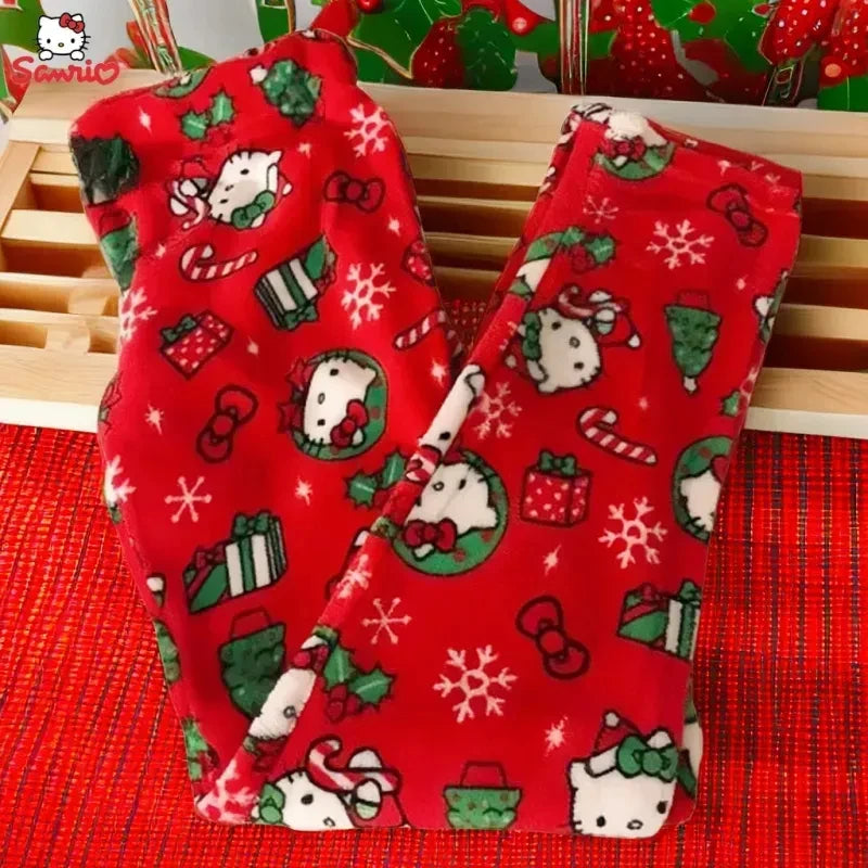 Hello Kitty Christmas Pajamas Pants – 2024 New Flannel Anime Sanrio Design, Cozy Winter Casual Trousers for Men and Women, Loose-Fit Home Pajamas