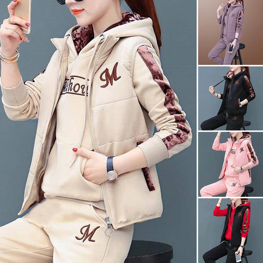 Fashionable 3-Piece Women's Outfit – 2025 Fall/Winter Thickened Tracksuit with Waistcoat, Hoodie, and Pants, Casual Sweat Suit for Women