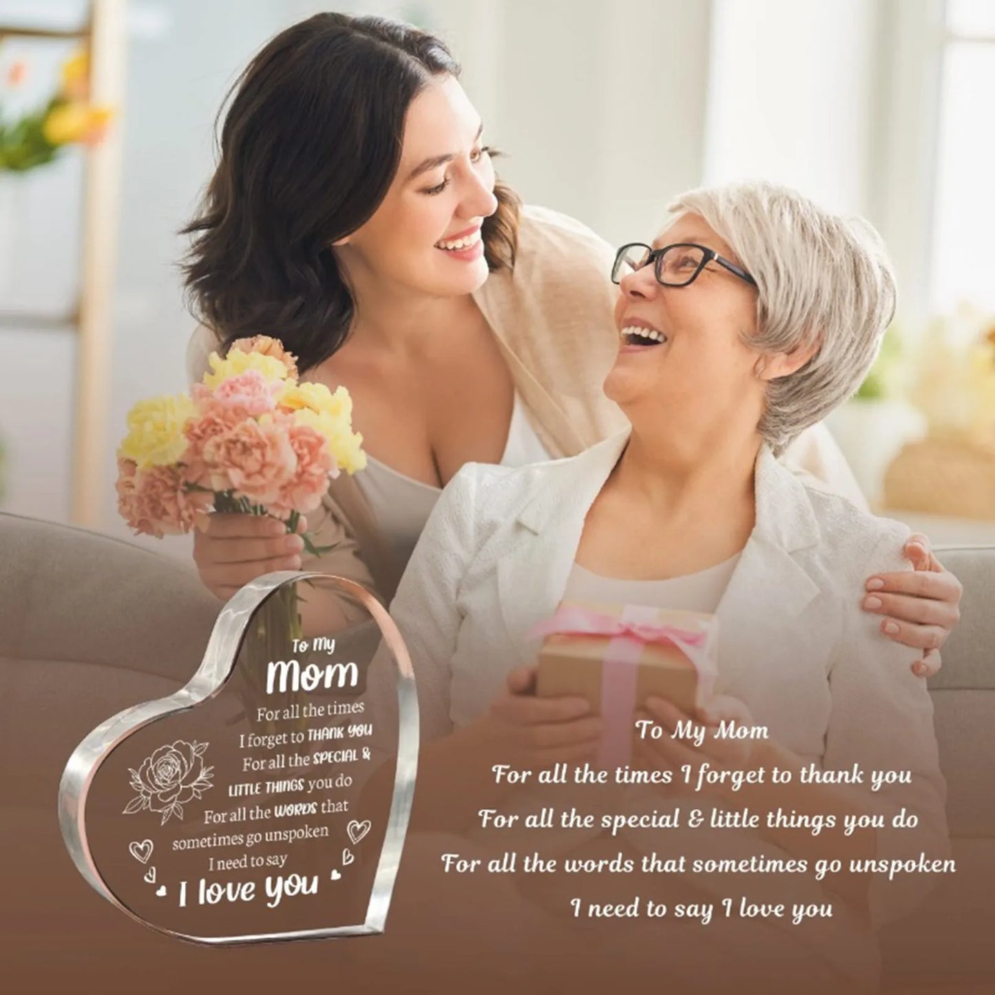 1PCS Mother's Day Gift Acrylic Sign Heart Plaque Personalized Gift For Mother Desktop Souvenir Decoration I Lover You Mom