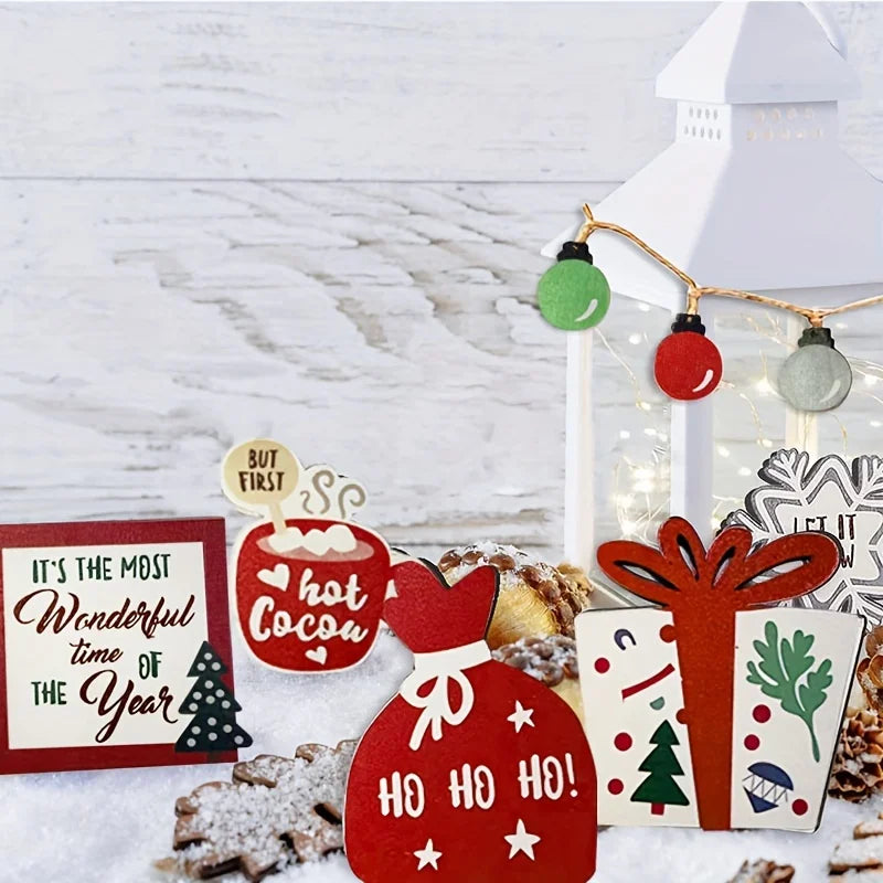 Christmas Tiered Tray Set – Wooden Farmhouse Decor with Bell, Coffee Cup, Snowflake Cookie, and Wooden Signs for Festive Holiday Styling