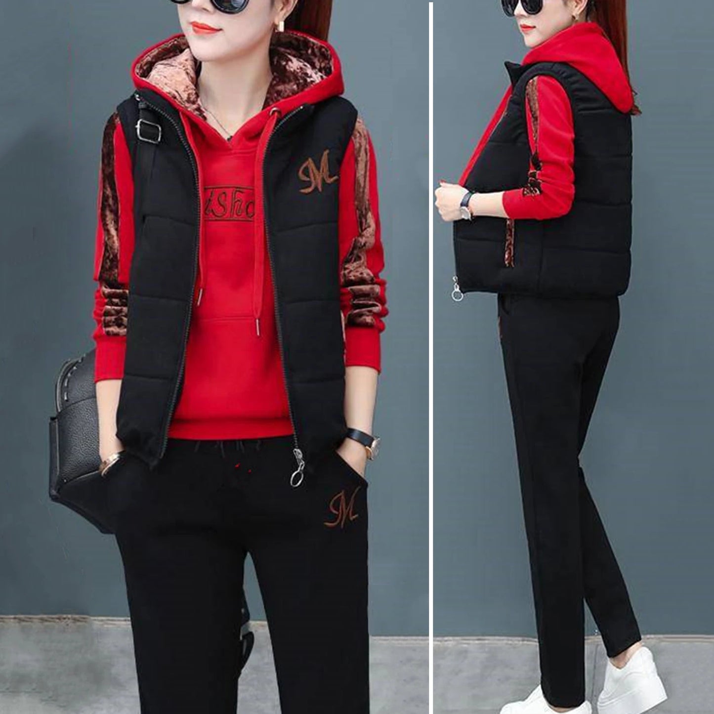 Fashionable 3-Piece Women's Outfit – 2025 Fall/Winter Thickened Tracksuit with Waistcoat, Hoodie, and Pants, Casual Sweat Suit for Women