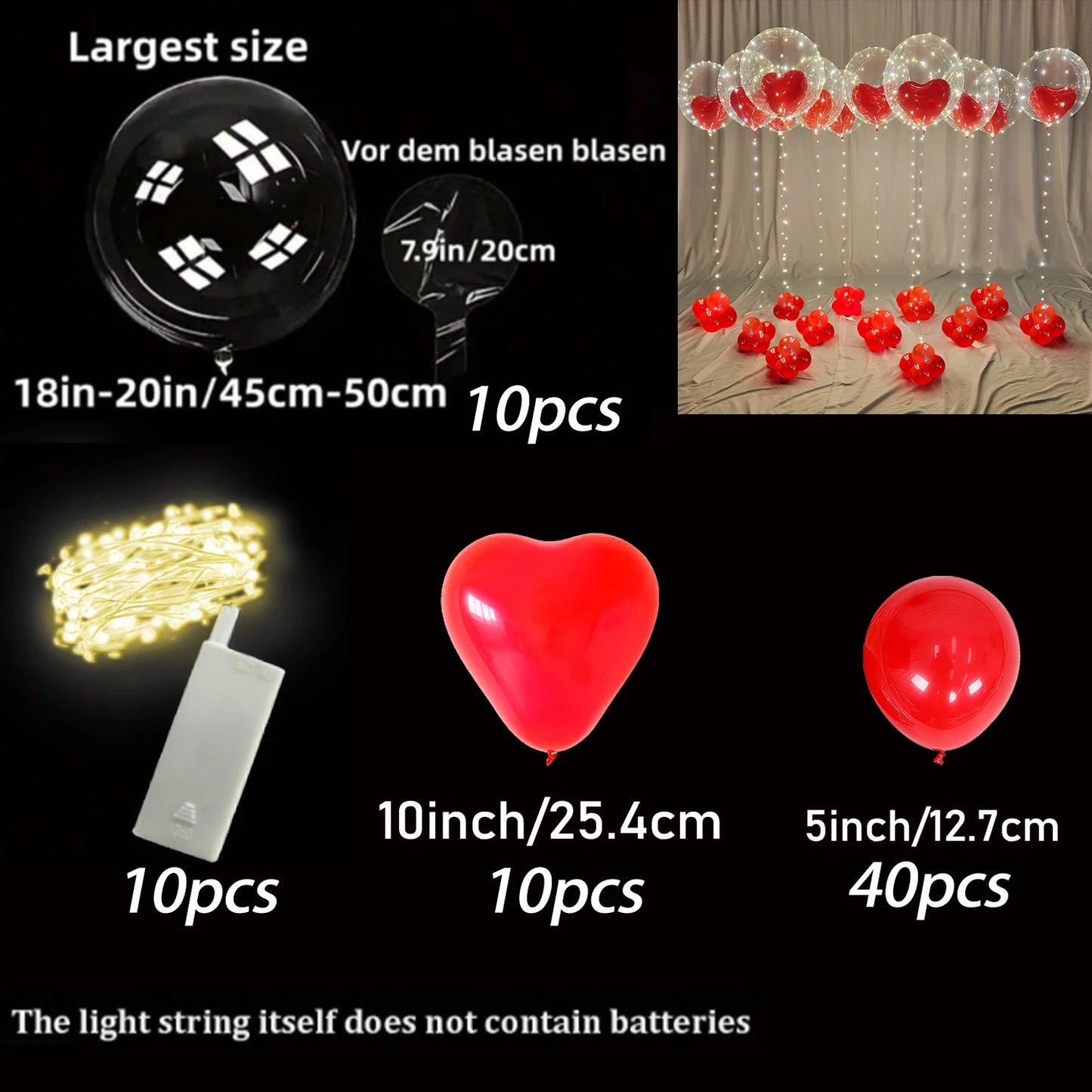 Led Luminous String Lights, Transparent Wave Balloon, Red Heart-Shaped Balloon Suitable for Valentine's Day, Wedding, Confession, Birthday Party, Luminous Party, Bridal Shower, Christmas, Halloween, Party Decorations