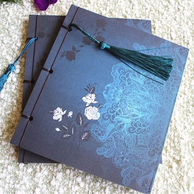 Chinese Style Blue Rose Color Diary Note Book Tassel Stationery Retro Flower Sketchbook Journal Empty Notebook Chinoiserie