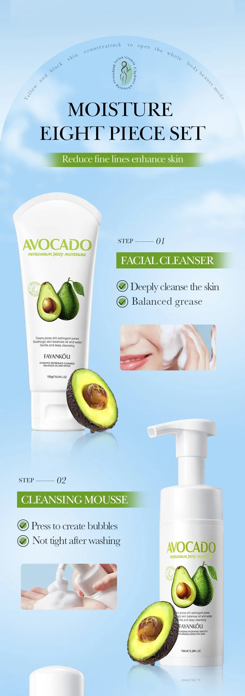Avocado Skin Care Set Replenish your skin with nutrients Nourish your skin to reduce fine lines Hydrate and moisturize your skin