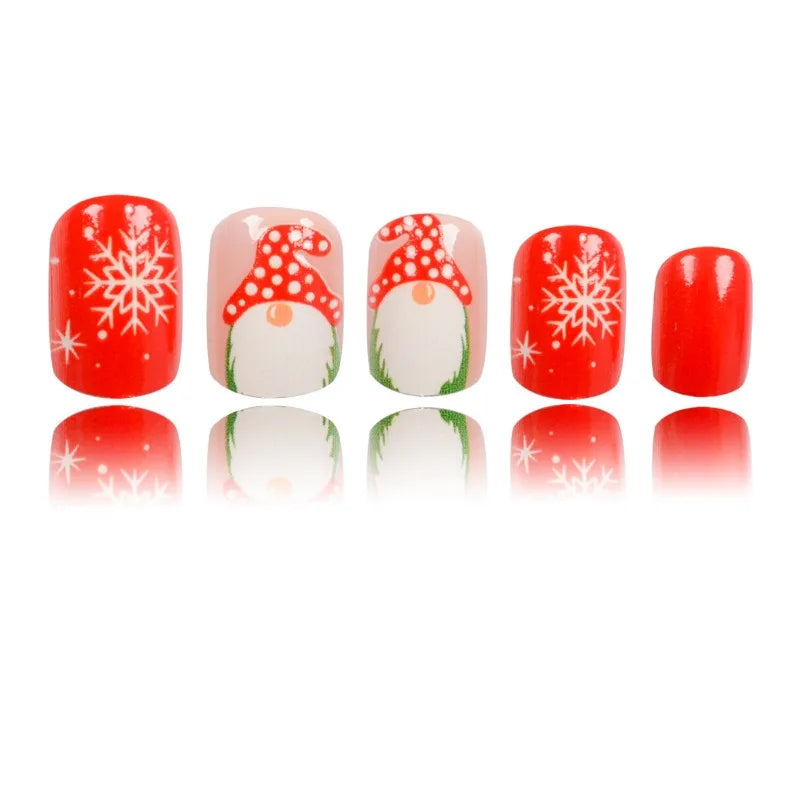 24 Pcs Christmas Adhesive False Nails – Cute Cartoon Santa Claus and Snowflake Design, Winter Aesthetic Press-On Nail Tips for Women