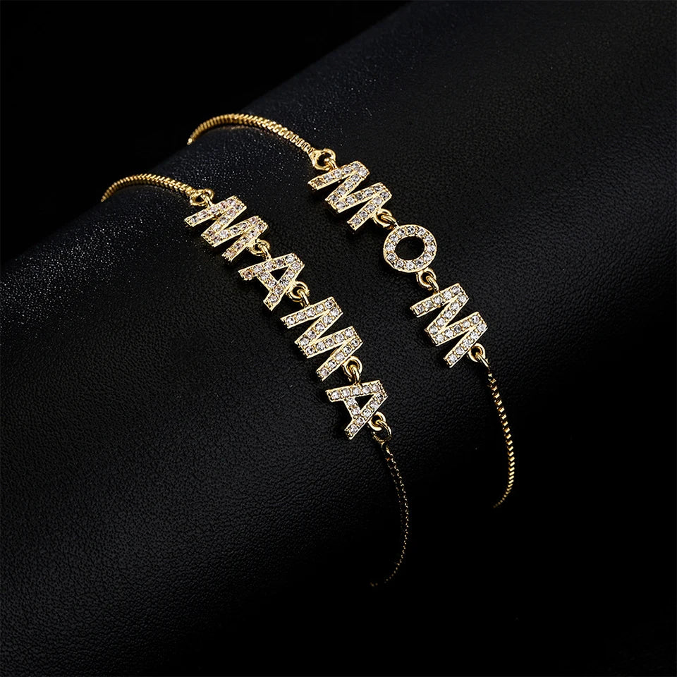 ZAKOL Exquisite Mother's Day Jewelry Gift Mom Letter Sparkling Micropaved Zirconia Gold Color Adjustable Chain Bracelets