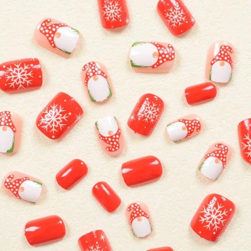 24 Pcs Christmas Adhesive False Nails – Cute Cartoon Santa Claus and Snowflake Design, Winter Aesthetic Press-On Nail Tips for Women