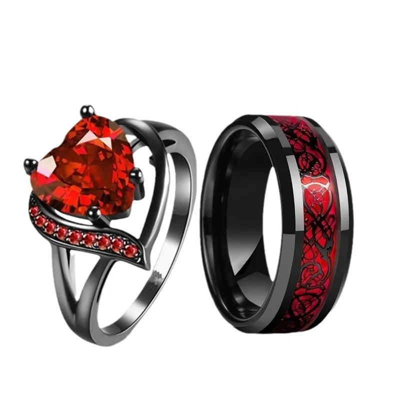 Celtic Dragon Couple Rings Set – Stainless Steel Men’s Ring & Red Zircon Heart Women’s Wedding Ring – Perfect Valentine’s Day Jewelry