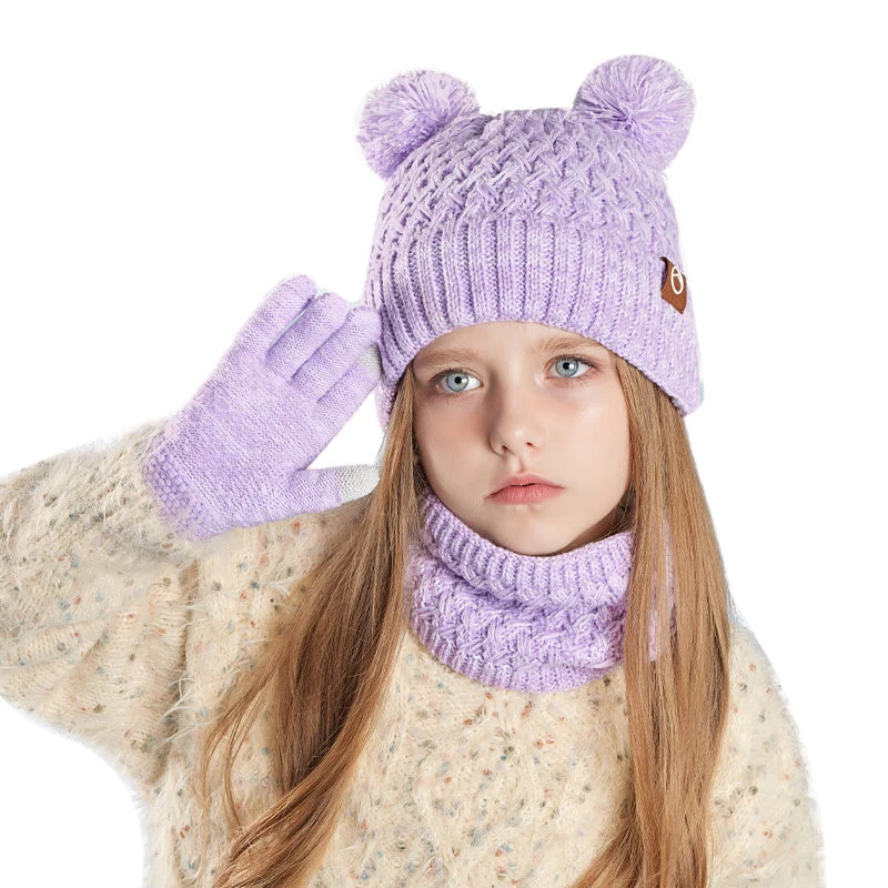 3Pcs Winter Kids Hat Set for Girls Boys Warm Knitted Children Beanie Scarf Gloves Fleece Lining Pompom Children Cap 4-10Y