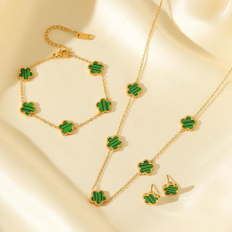 GANEMLY 316L Stainless Steel Black Plum Flower Five Leaf Clover Necklace Bracelet Earrings Jewelry Set For Women Birthday Gift