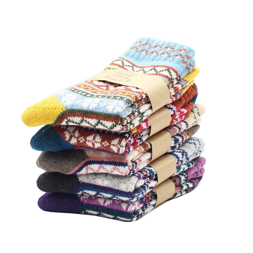 5 Pairs of Winter Warm Socks for Women – Thick Thermal Wool & Cashmere Snow Socks, Stylish Euramerican National Knit Design"