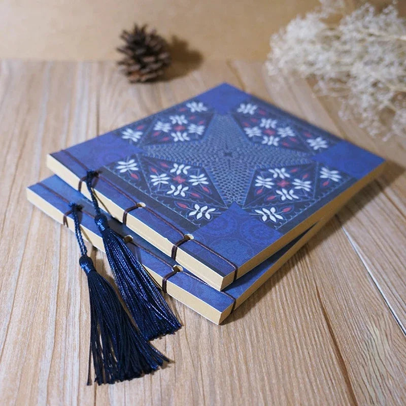 Chinese Style Blue Rose Color Diary Note Book Tassel Stationery Retro Flower Sketchbook Journal Empty Notebook Chinoiserie