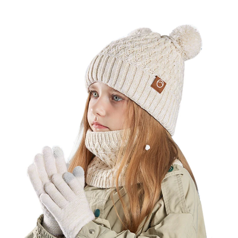 3Pcs Winter Kids Hat Set for Girls Boys Warm Knitted Children Beanie Scarf Gloves Fleece Lining Pompom Children Cap 4-10Y