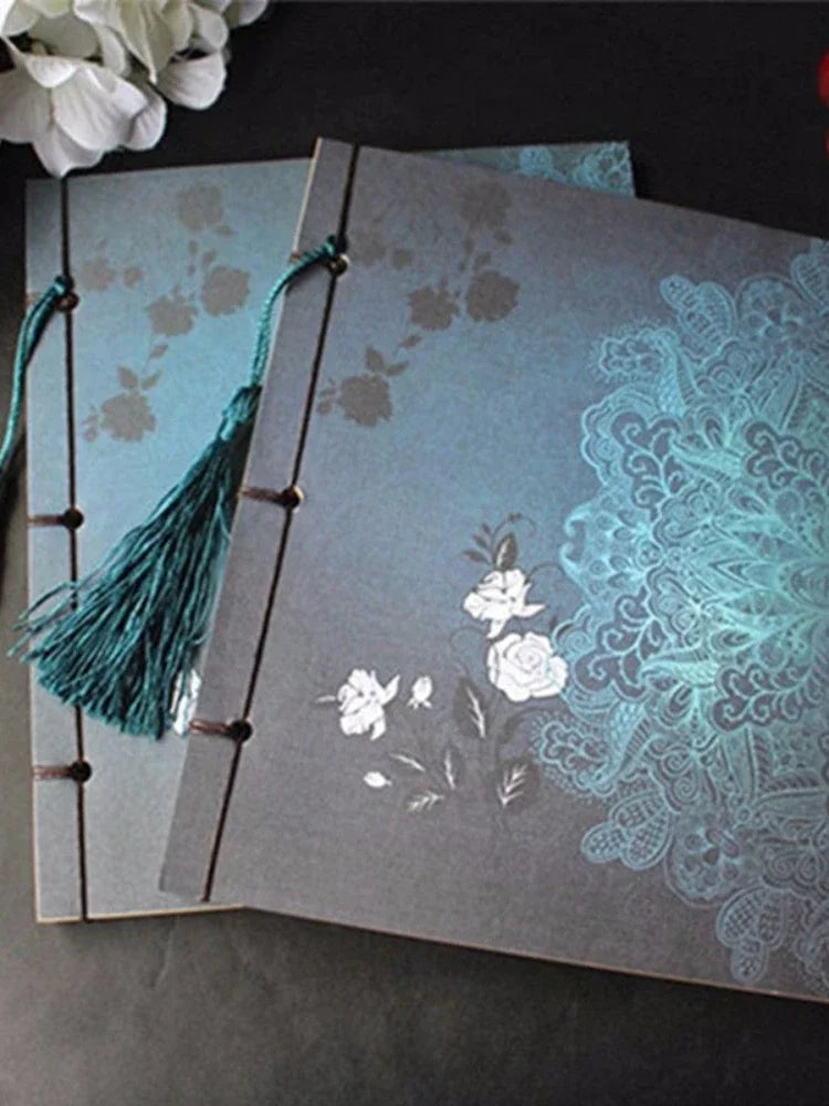 Chinese Style Blue Rose Color Diary Note Book Tassel Stationery Retro Flower Sketchbook Journal Empty Notebook Chinoiserie