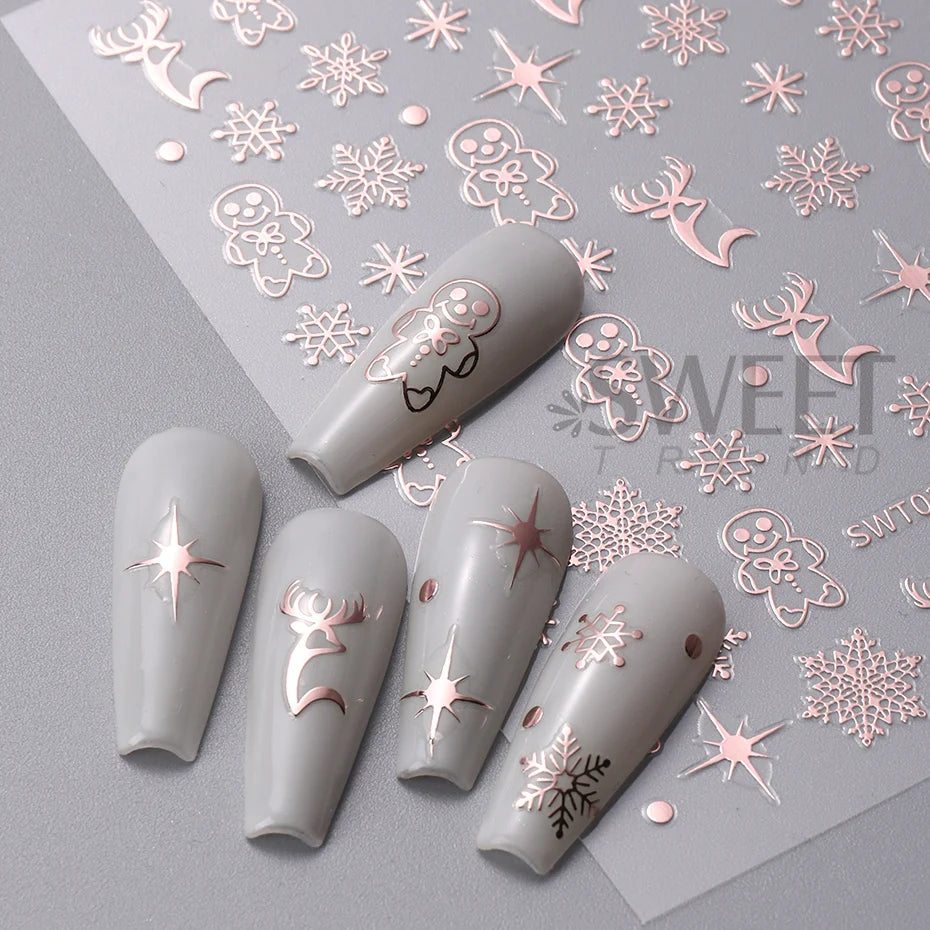 3D Rose Gold Christmas Nail Art Stickers Metallic Elk Snowflake Cookie Man Stars Geometric Lines Winter Xmas New Year Decoration