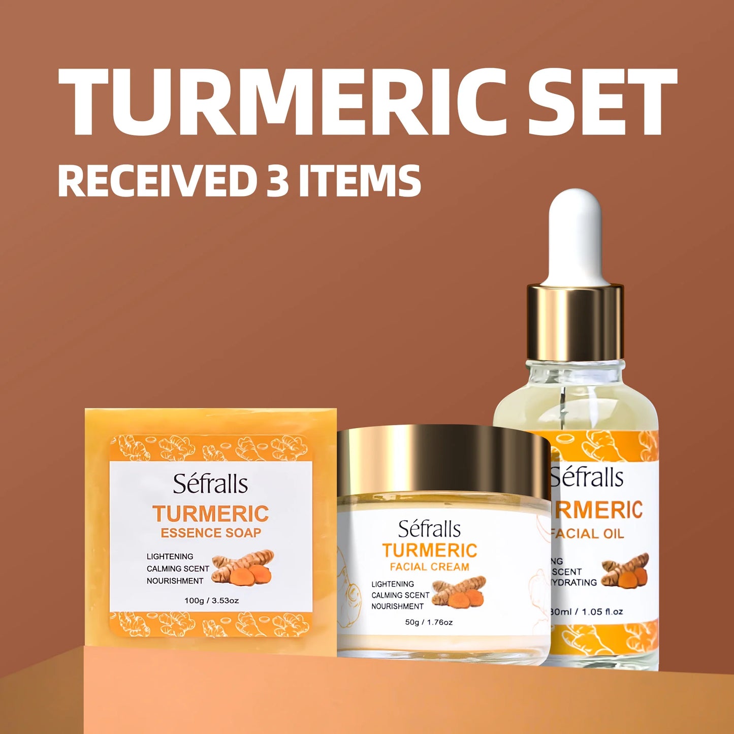 Séfralls Turmeric 3pcs Set (TURMERIC FACIAL CREAM TURMERIC ESSENCE SOAP TURMERIC FACIAL OIL) Plant Extract Cleaning Moisturising