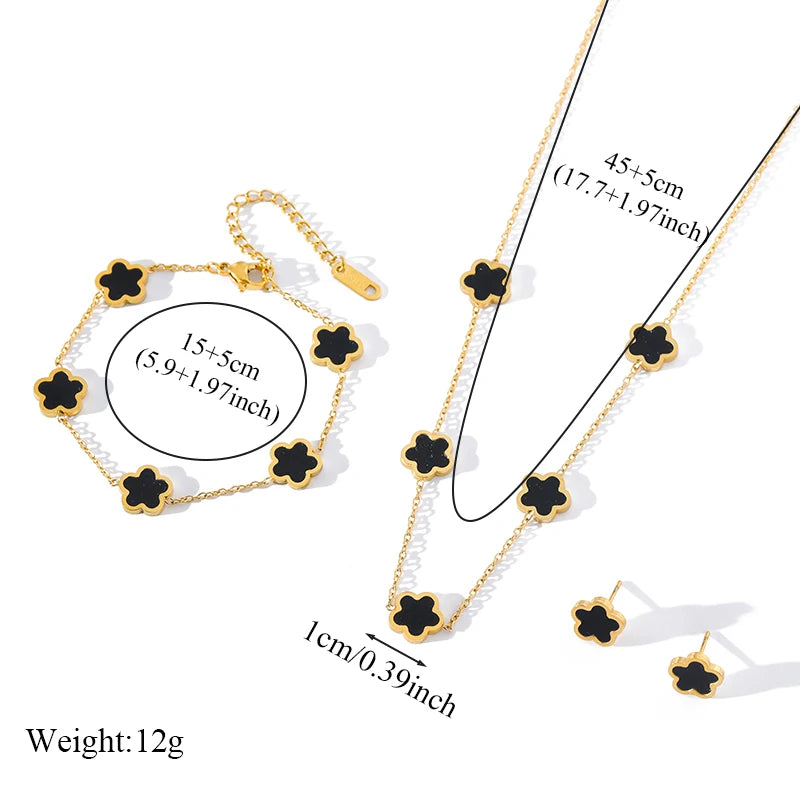 GANEMLY 316L Stainless Steel Black Plum Flower Five Leaf Clover Necklace Bracelet Earrings Jewelry Set For Women Birthday Gift