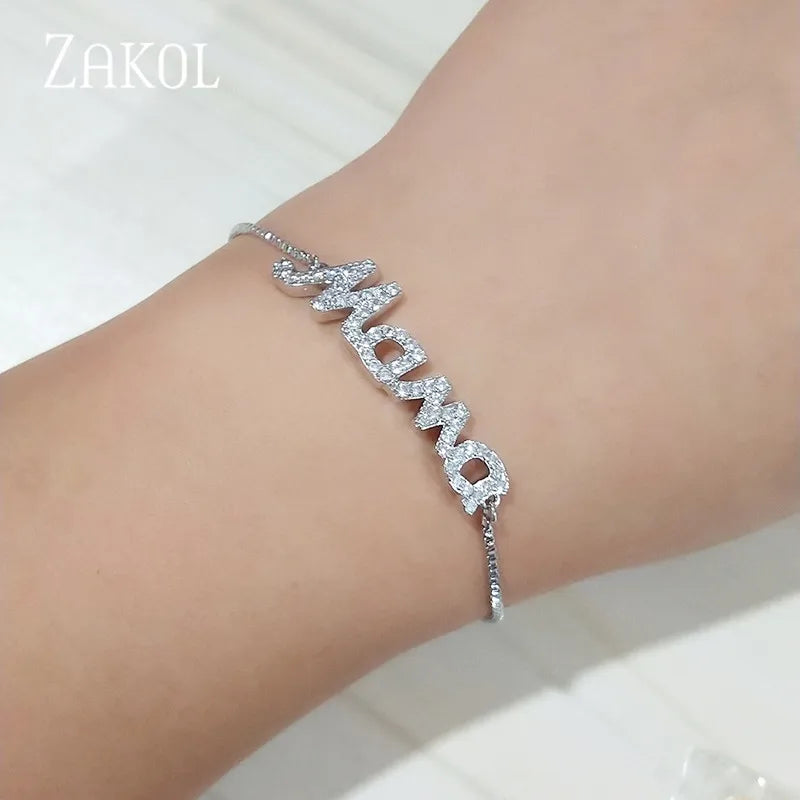 ZAKOL Exquisite Mother's Day Jewelry Gift Mom Letter Sparkling Micropaved Zirconia Gold Color Adjustable Chain Bracelets