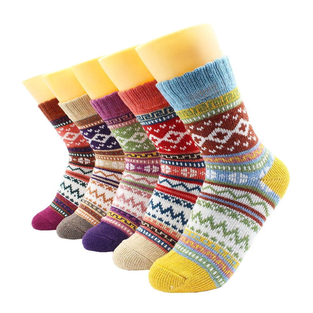 5 Pairs of Winter Warm Socks for Women – Thick Thermal Wool & Cashmere Snow Socks, Stylish Euramerican National Knit Design"