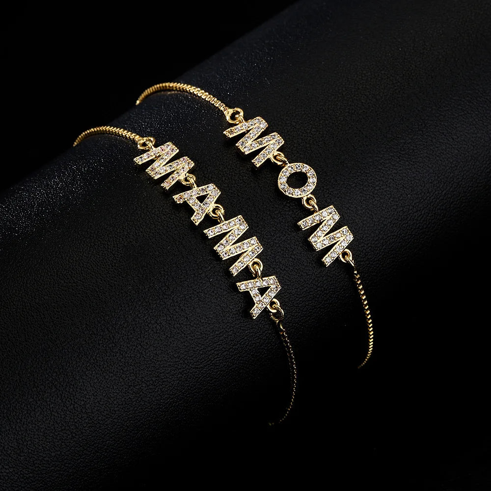 ZAKOL Exquisite Mother's Day Jewelry Gift Mom Letter Sparkling Micropaved Zirconia Gold Color Adjustable Chain Bracelets