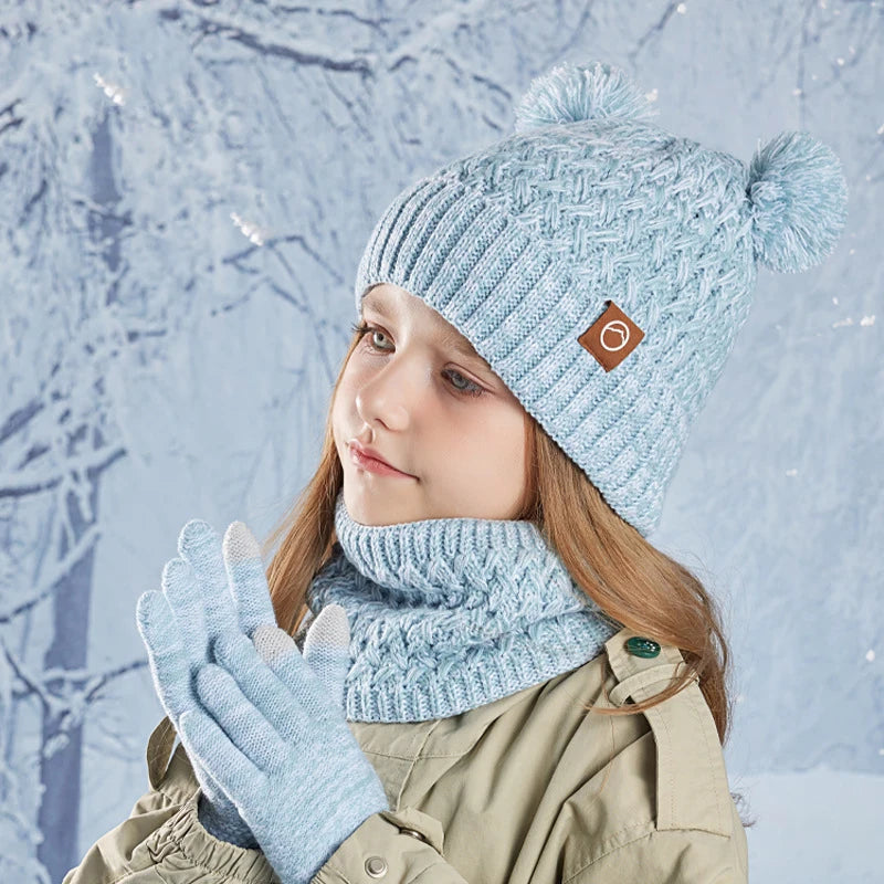 3Pcs Winter Kids Hat Set for Girls Boys Warm Knitted Children Beanie Scarf Gloves Fleece Lining Pompom Children Cap 4-10Y