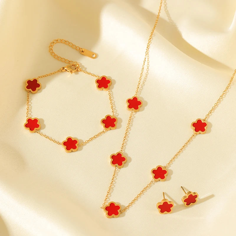 GANEMLY 316L Stainless Steel Black Plum Flower Five Leaf Clover Necklace Bracelet Earrings Jewelry Set For Women Birthday Gift