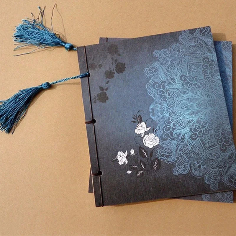 Chinese Style Blue Rose Color Diary Note Book Tassel Stationery Retro Flower Sketchbook Journal Empty Notebook Chinoiserie