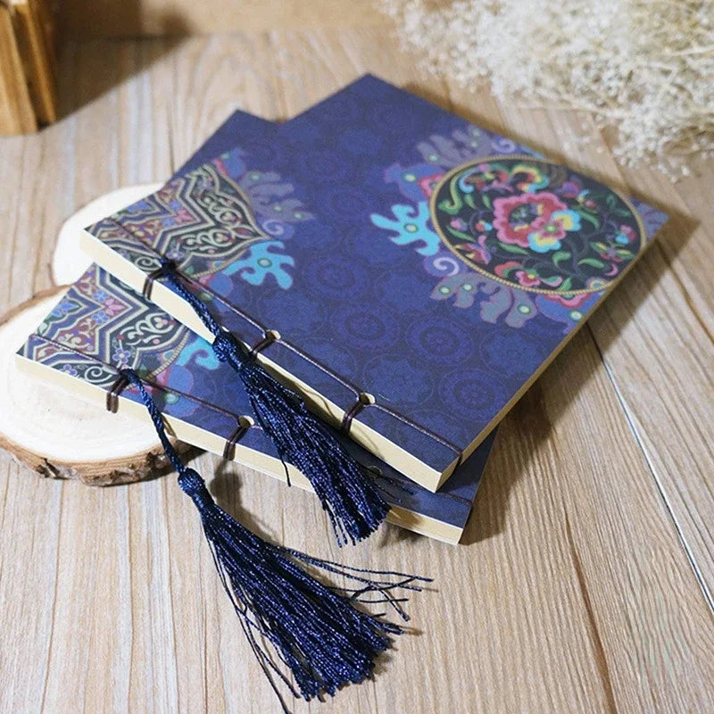 Chinese Style Blue Rose Color Diary Note Book Tassel Stationery Retro Flower Sketchbook Journal Empty Notebook Chinoiserie
