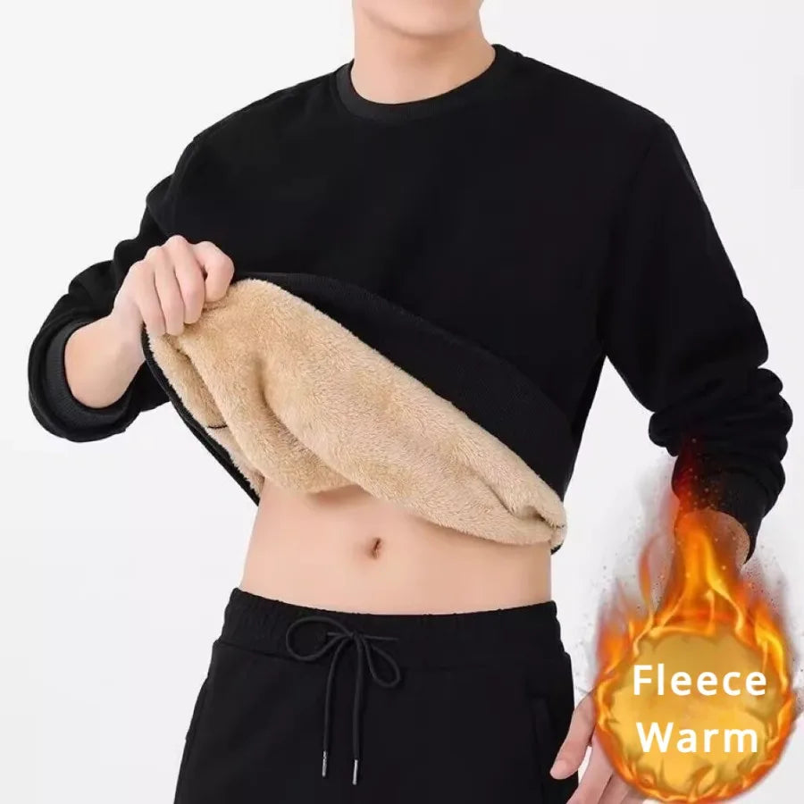 Winter Men’s Fleece Sweatshirt – Thickened Thermal Pullover with Lambswool, O-Neck Casual Solid Color Keep Warm Underwear Top
