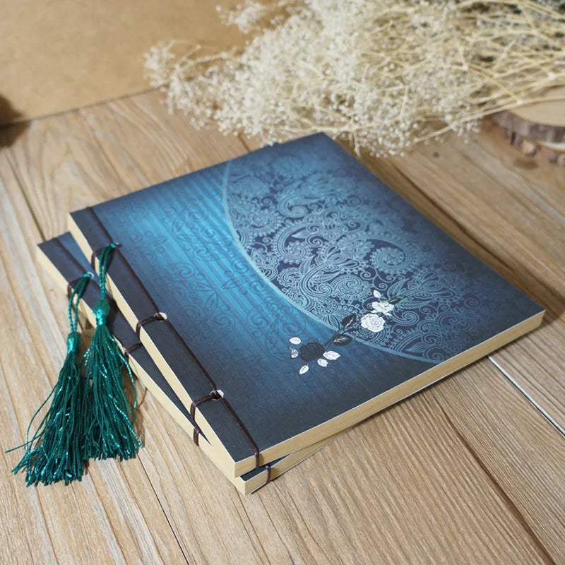 Chinese Style Blue Rose Color Diary Note Book Tassel Stationery Retro Flower Sketchbook Journal Empty Notebook Chinoiserie