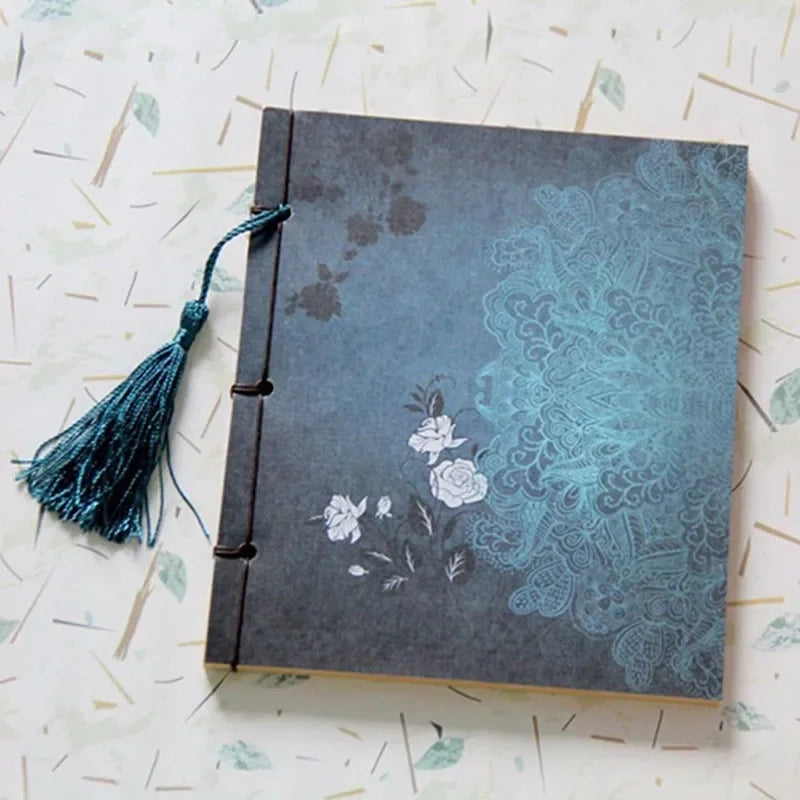 Chinese Style Blue Rose Color Diary Note Book Tassel Stationery Retro Flower Sketchbook Journal Empty Notebook Chinoiserie
