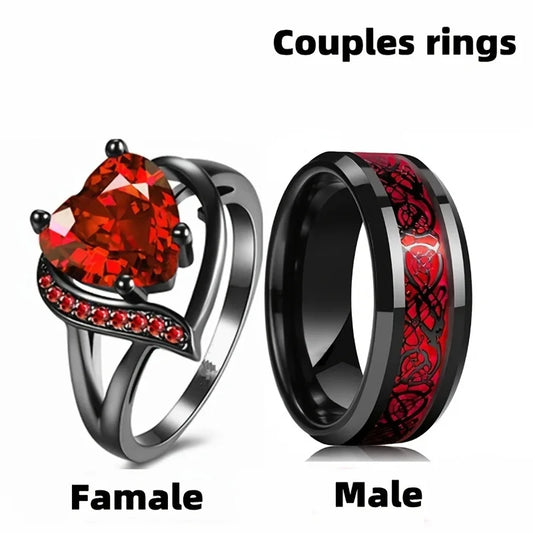 Celtic Dragon Couple Rings Set – Stainless Steel Men’s Ring & Red Zircon Heart Women’s Wedding Ring – Perfect Valentine’s Day Jewelry