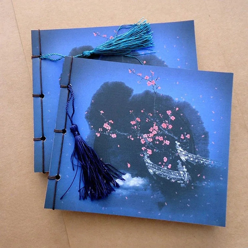 Chinese Style Blue Rose Color Diary Note Book Tassel Stationery Retro Flower Sketchbook Journal Empty Notebook Chinoiserie