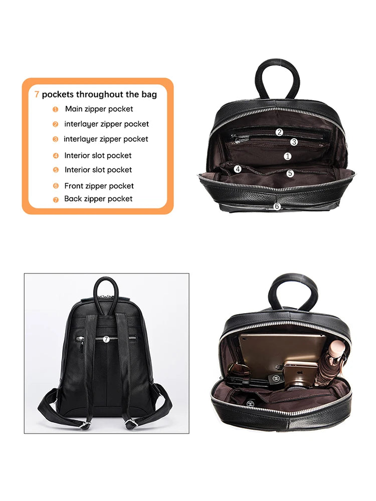Zency Travel Backpacks Women 100% Genuine Leather Preppy Schoolbag For Girls Fashion Knapsack Large Capacity More Pockets