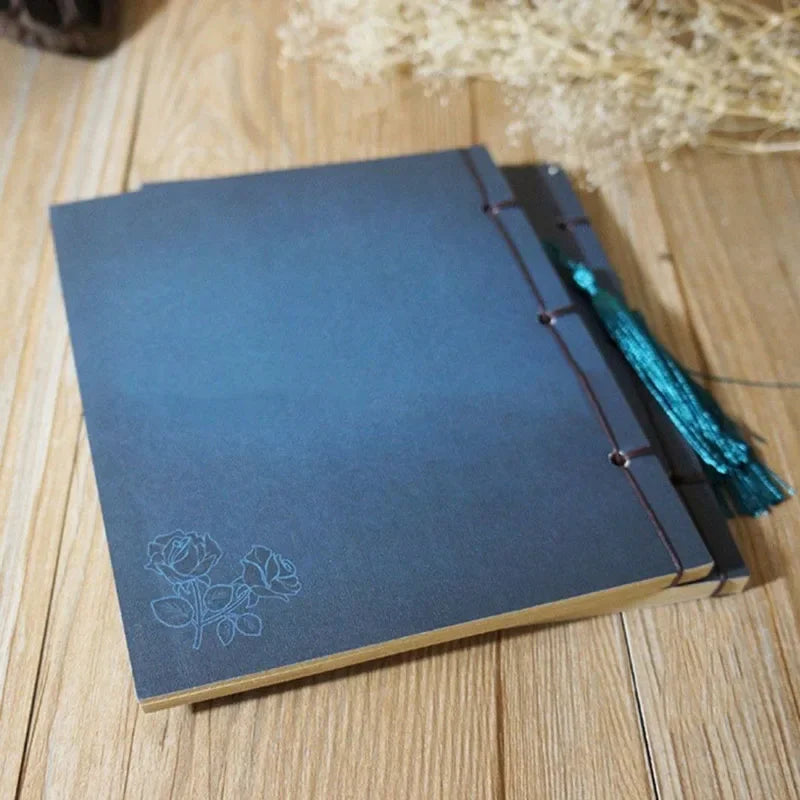 Chinese Style Blue Rose Color Diary Note Book Tassel Stationery Retro Flower Sketchbook Journal Empty Notebook Chinoiserie