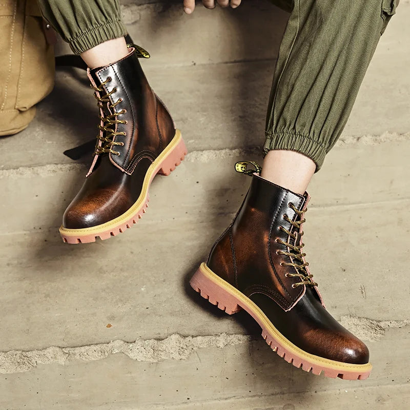 New Arrivals Brown Ankle Boots For Women Big Size 37-47 Lace-Up High Top Shoes Men's Boots Comfortable Flat Leather Boots Male