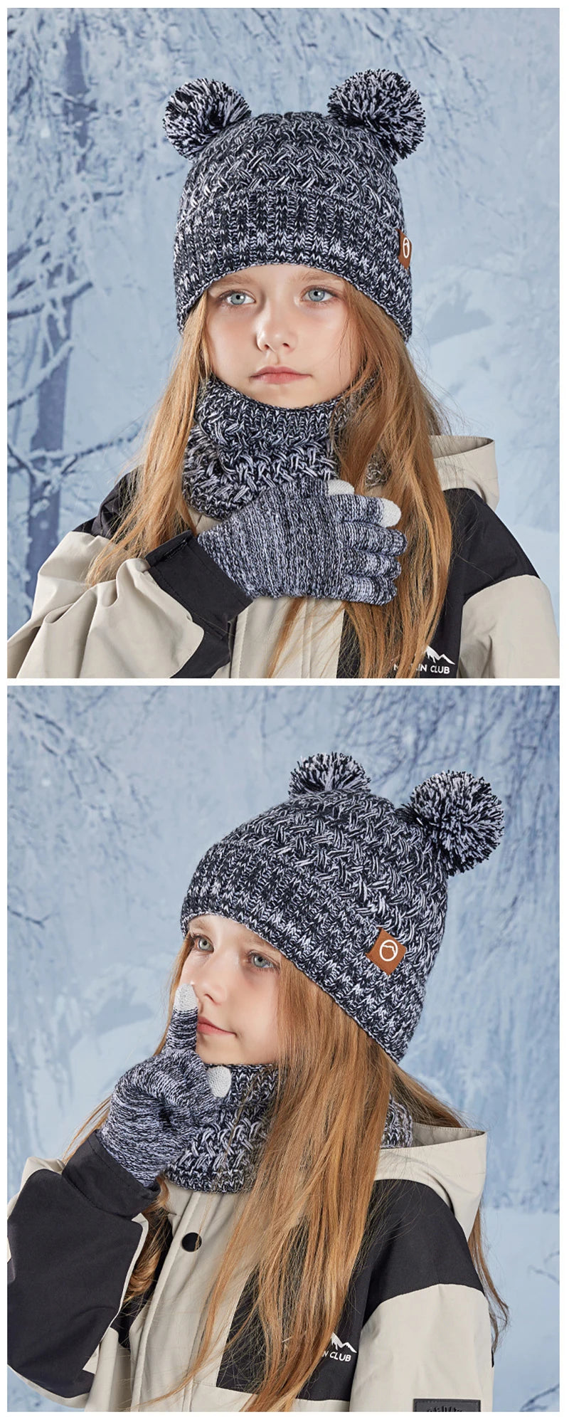 3Pcs Winter Kids Hat Set for Girls Boys Warm Knitted Children Beanie Scarf Gloves Fleece Lining Pompom Children Cap 4-10Y