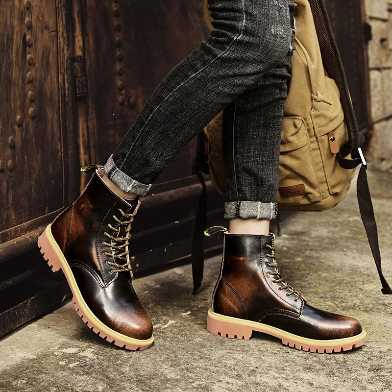 New Arrivals Brown Ankle Boots For Women Big Size 37-47 Lace-Up High Top Shoes Men's Boots Comfortable Flat Leather Boots Male