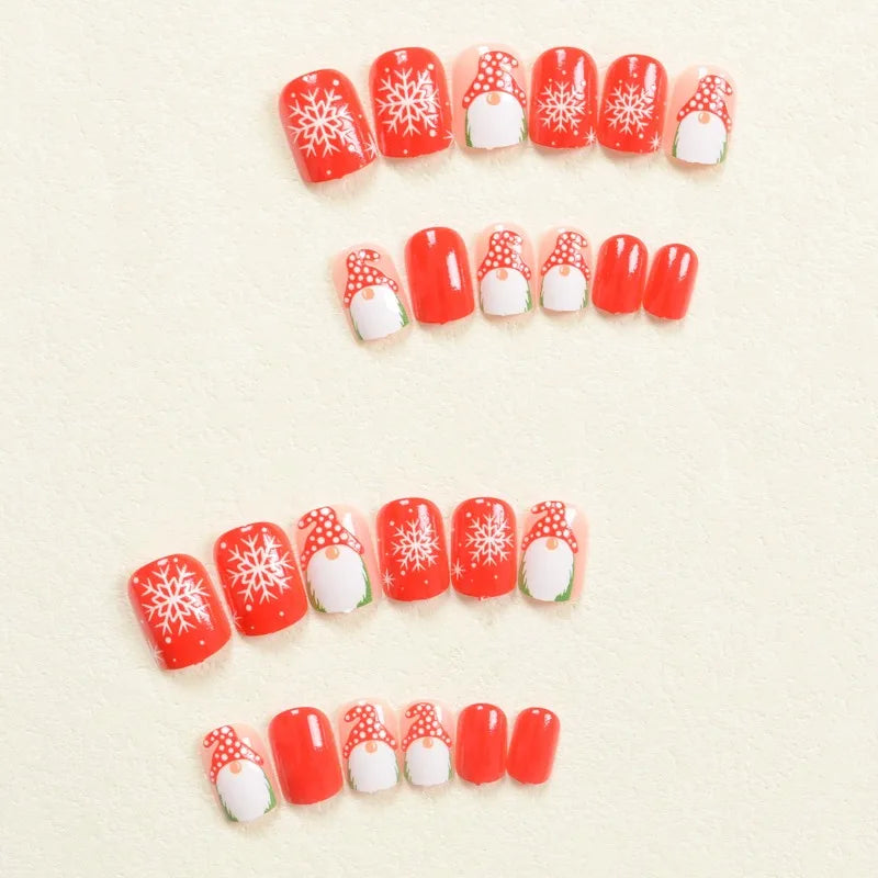24 Pcs Christmas Adhesive False Nails – Cute Cartoon Santa Claus and Snowflake Design, Winter Aesthetic Press-On Nail Tips for Women