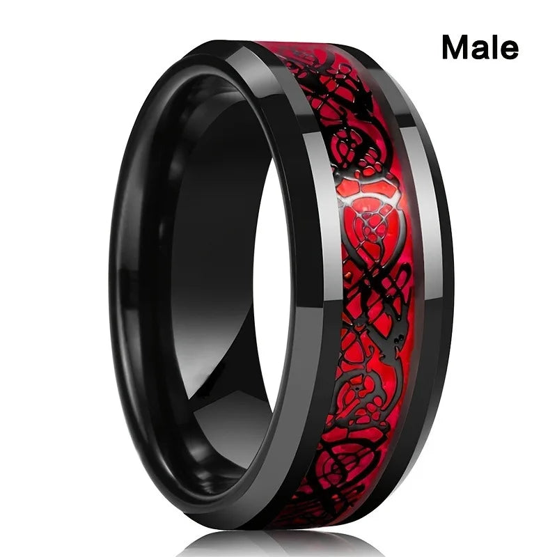 Celtic Dragon Couple Rings Set – Stainless Steel Men’s Ring & Red Zircon Heart Women’s Wedding Ring – Perfect Valentine’s Day Jewelry
