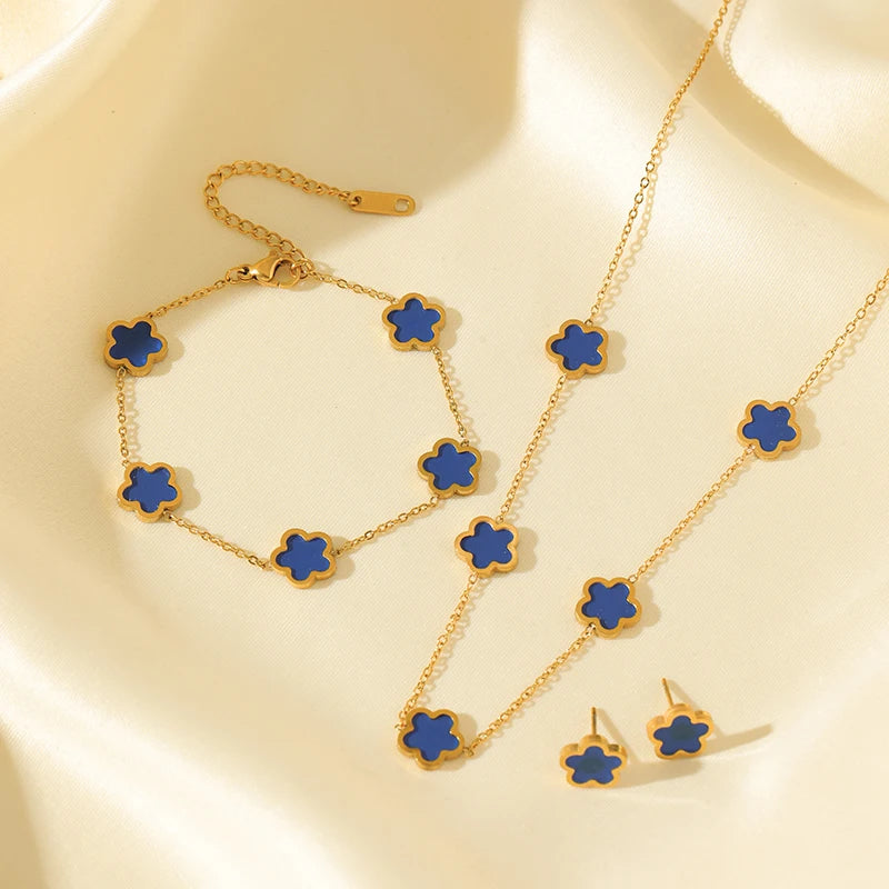 GANEMLY 316L Stainless Steel Black Plum Flower Five Leaf Clover Necklace Bracelet Earrings Jewelry Set For Women Birthday Gift