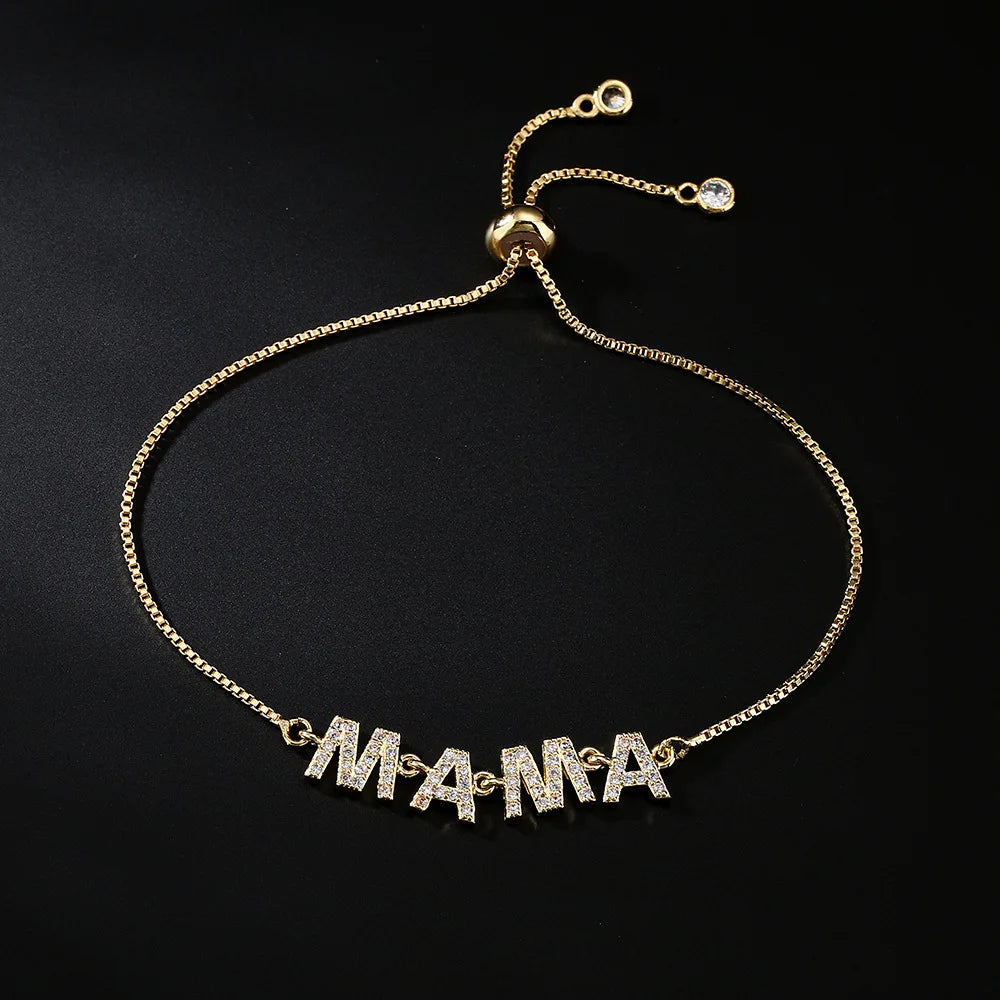 ZAKOL Exquisite Mother's Day Jewelry Gift Mom Letter Sparkling Micropaved Zirconia Gold Color Adjustable Chain Bracelets