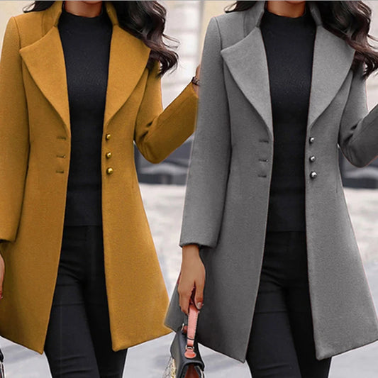 2025 Autumn Winter New Woolen Coat Women Yellow Black Stand Collar Single-breasted Outer Wear Korean Style Slim Jacket Plus Size