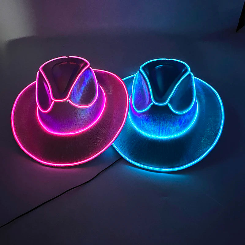 Hot Cowgirl Hat Men and Women's EL Wire Glow Cowboy Hat Wedding Party Supplies Glowing Jazz Hat Stage Shining Caps Photo Props