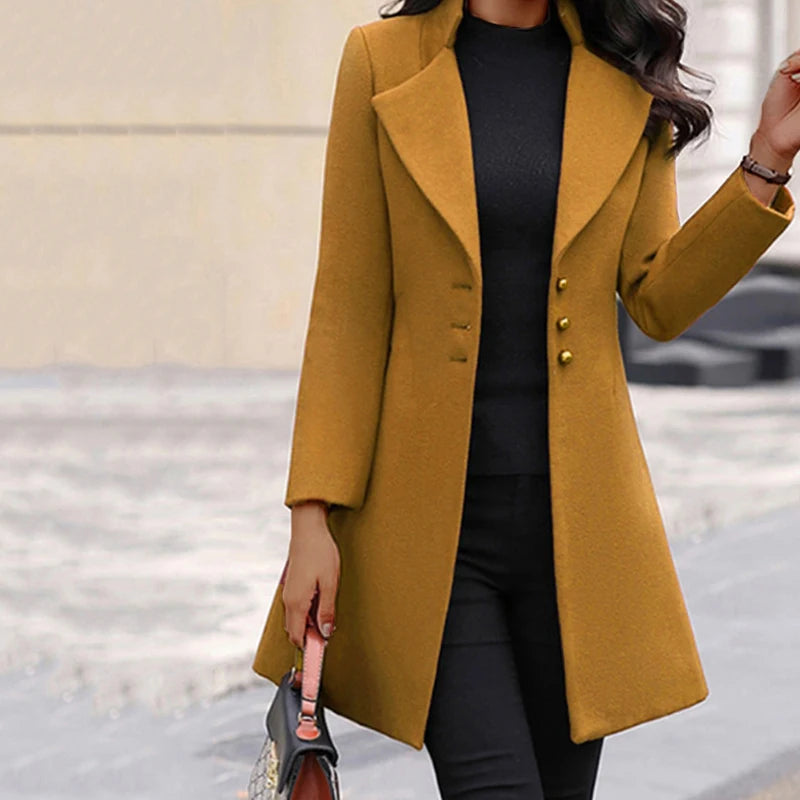 2025 Autumn Winter New Woolen Coat Women Yellow Black Stand Collar Single-breasted Outer Wear Korean Style Slim Jacket Plus Size