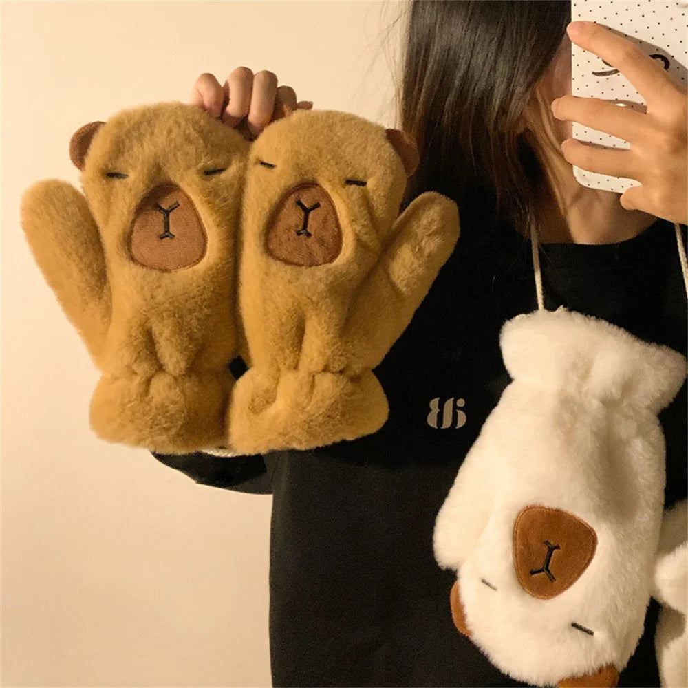 Women Girls Capybara Plush Gloves Fashion Cycling Neck Warmers Neck Scarf Windproof Mittens  Driving Running Accessories