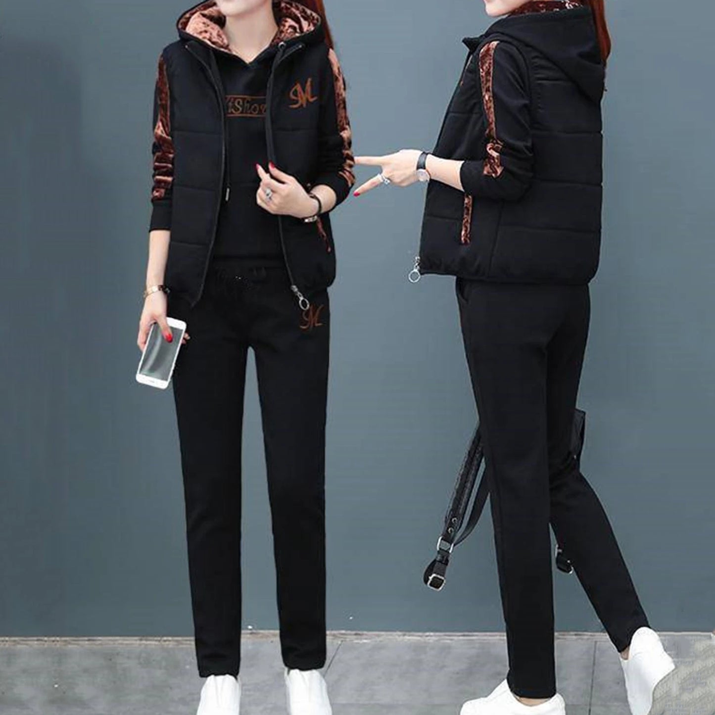 Fashionable 3-Piece Women's Outfit – 2025 Fall/Winter Thickened Tracksuit with Waistcoat, Hoodie, and Pants, Casual Sweat Suit for Women